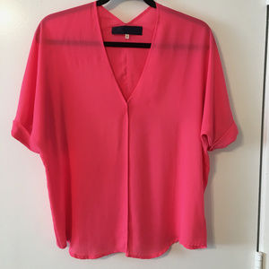 Vibrant Pink Flowy V Neck Top (Small)
